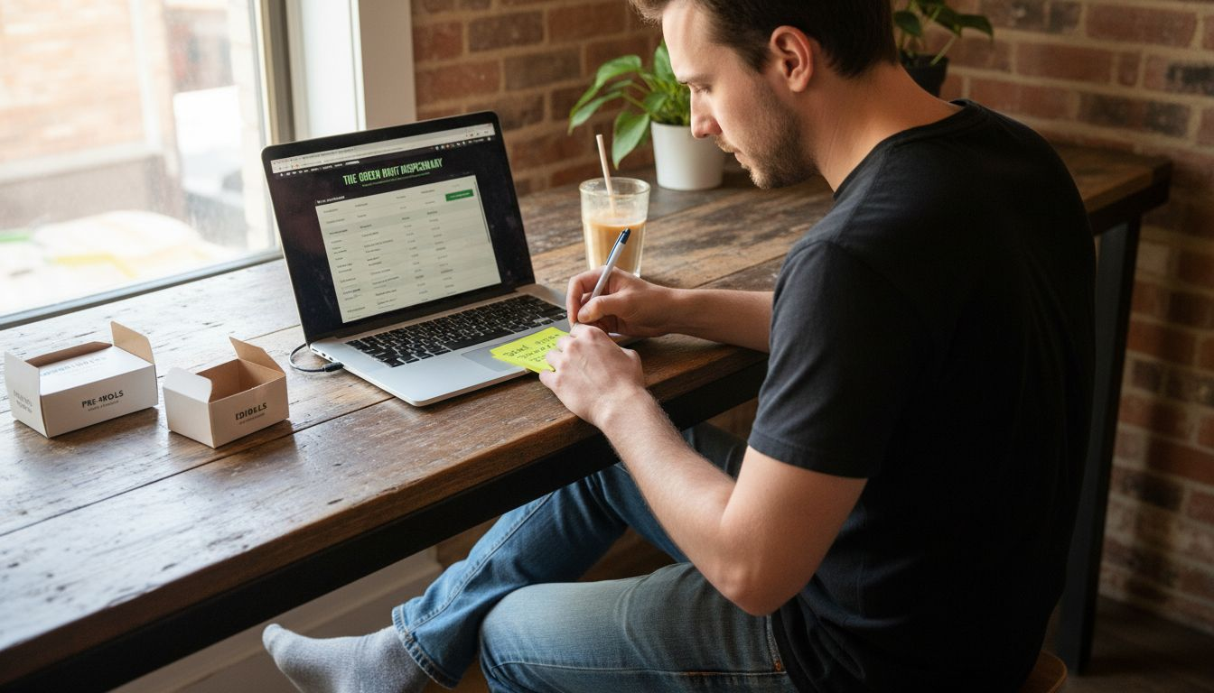 Man reviews cannabis product details at counter