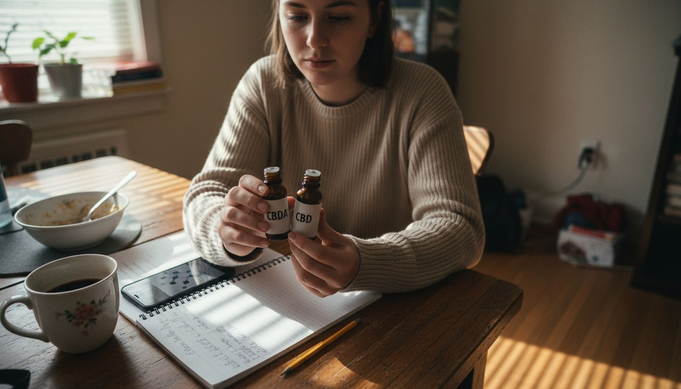 Woman comparing CBDA and CBD bottles