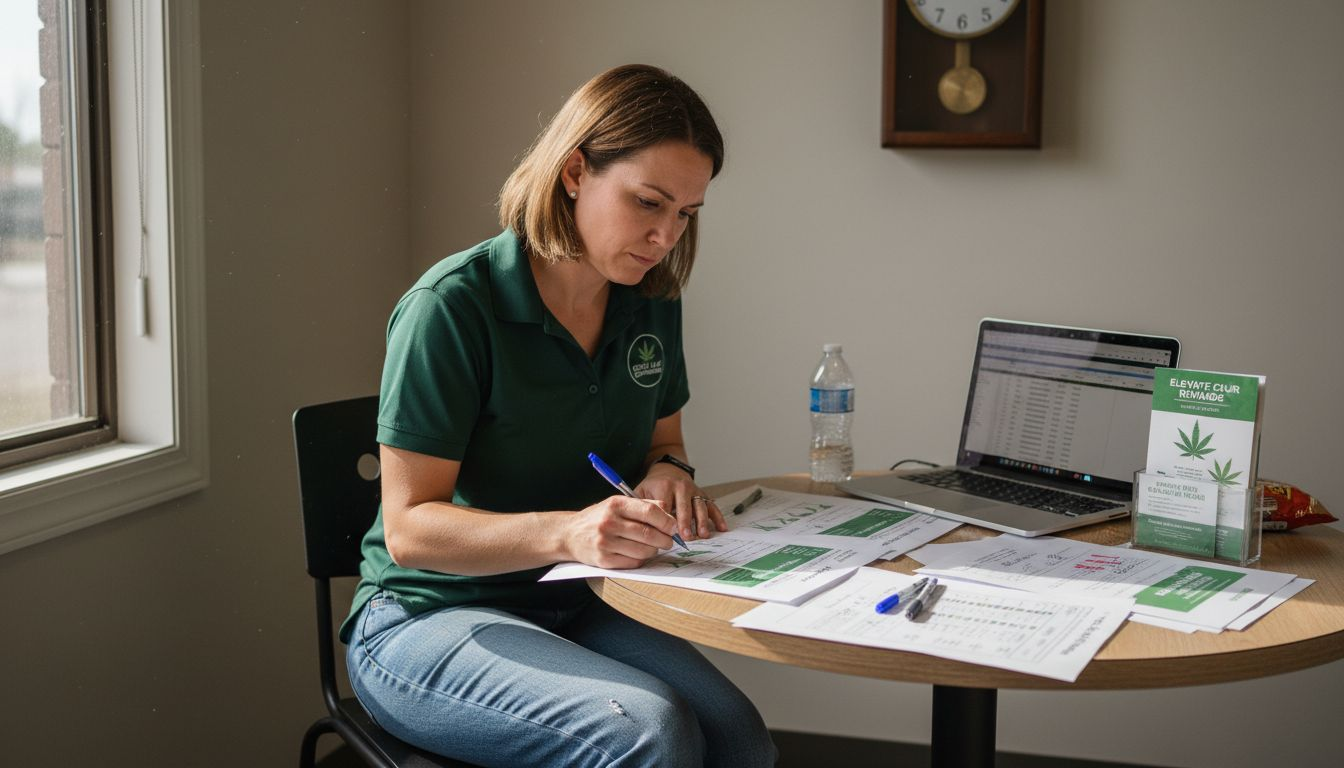 Manager reviewing cannabis loyalty program notes