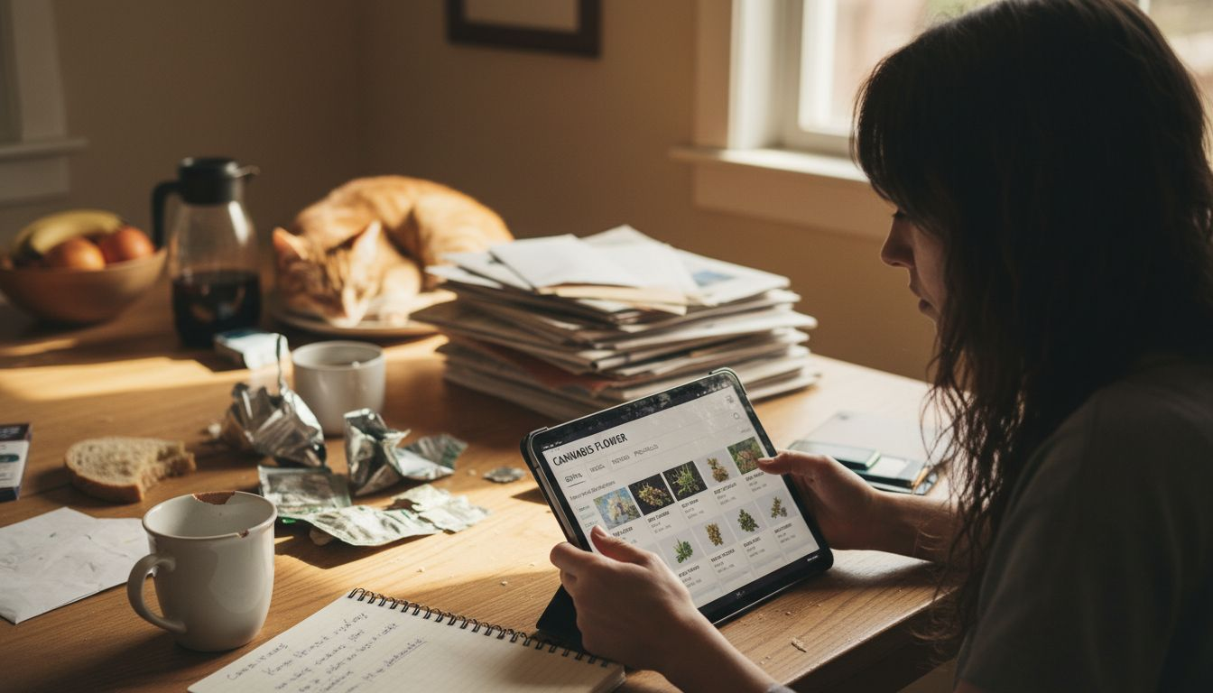 Customer browsing dispensary site at kitchen table