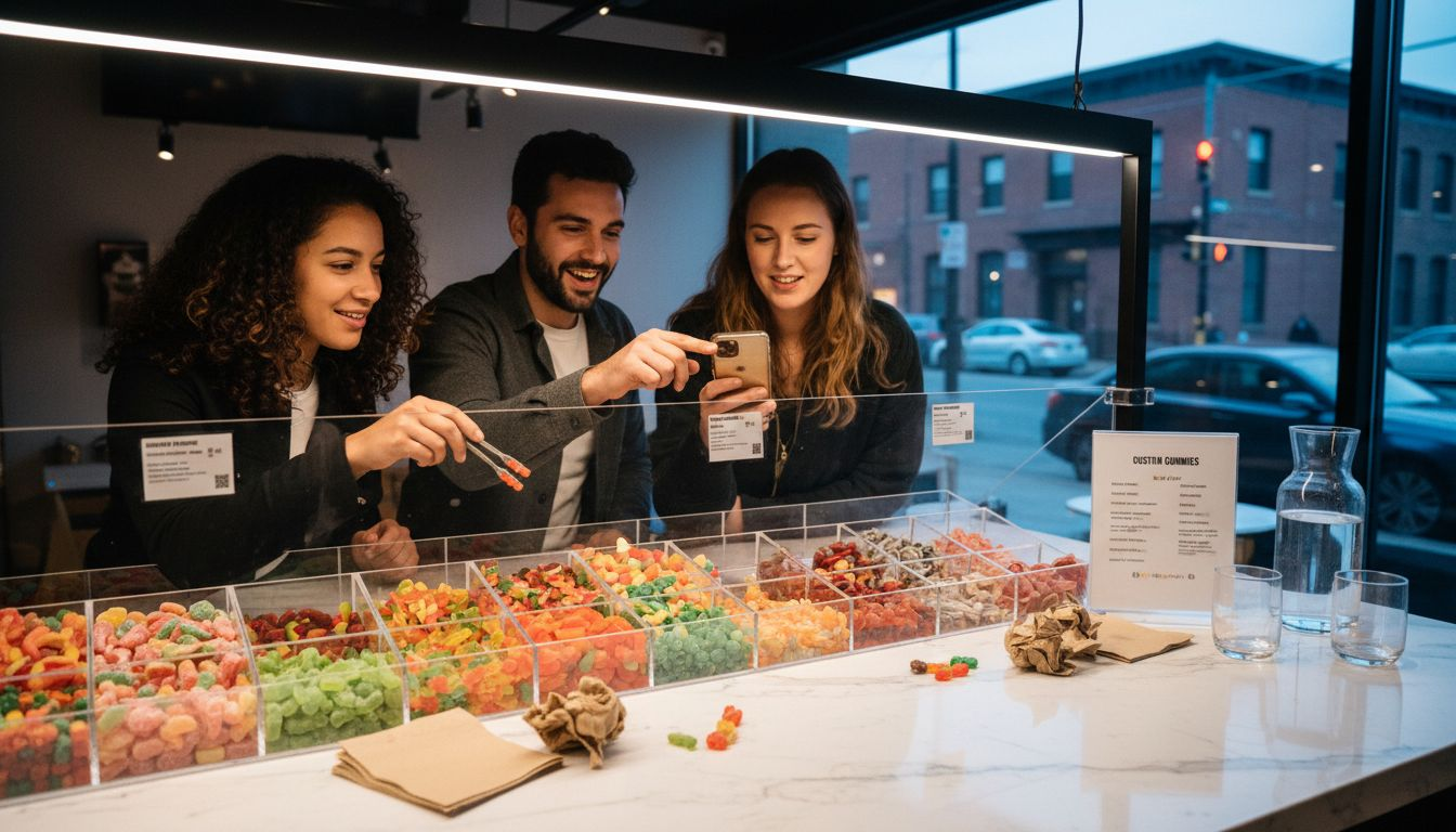 Customers choosing customizable cannabis gummies at lounge