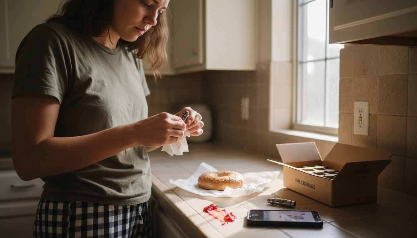 Woman cleaning vape cartridge at kitchen counter