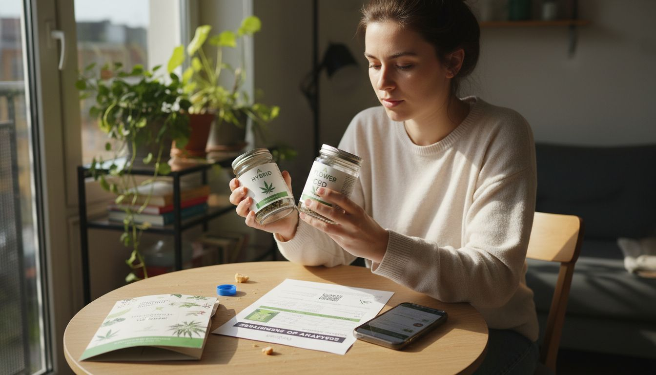 Woman checking cannabis certificate and jars
