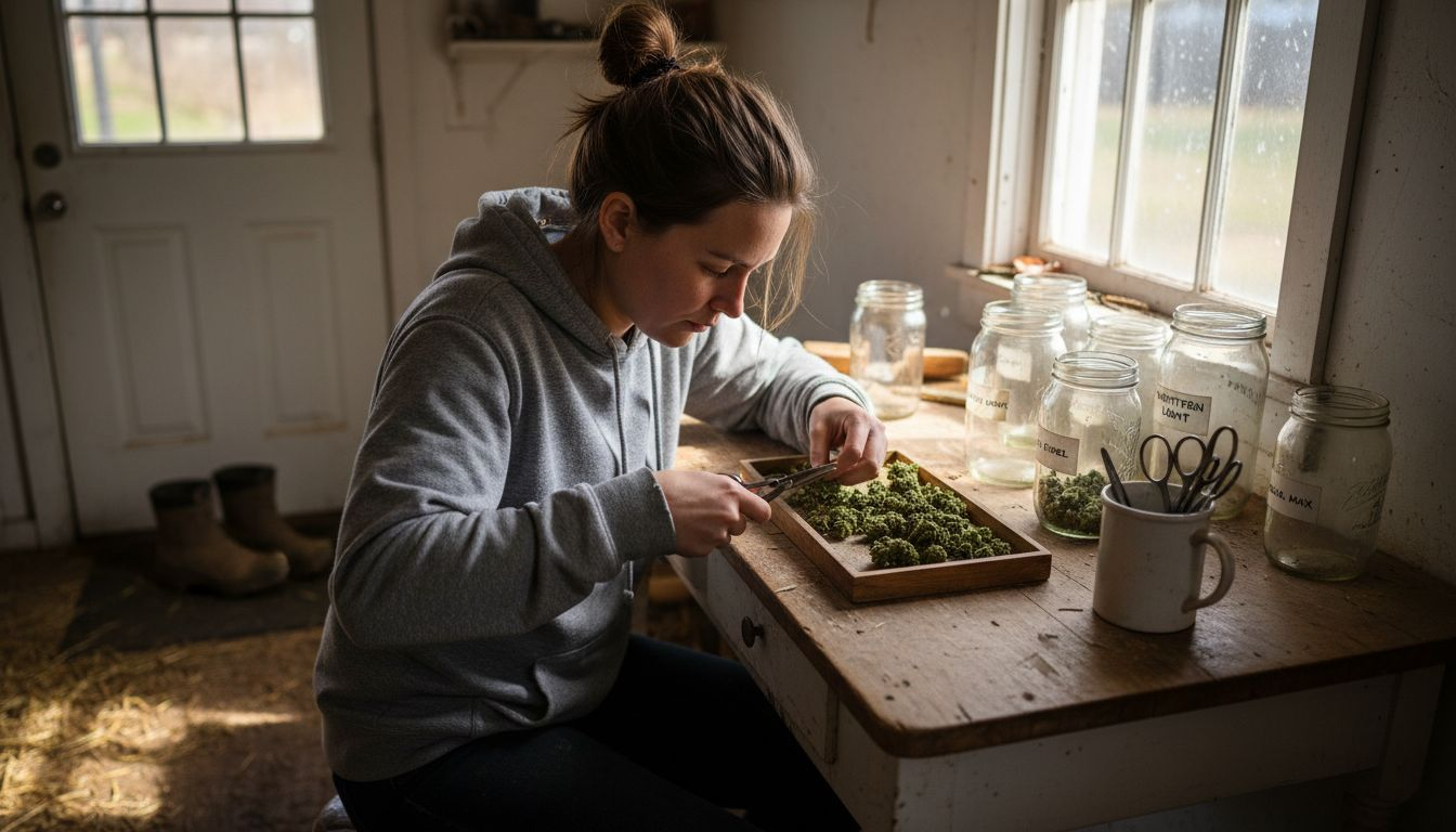 Hand trimming cannabis buds at rustic table