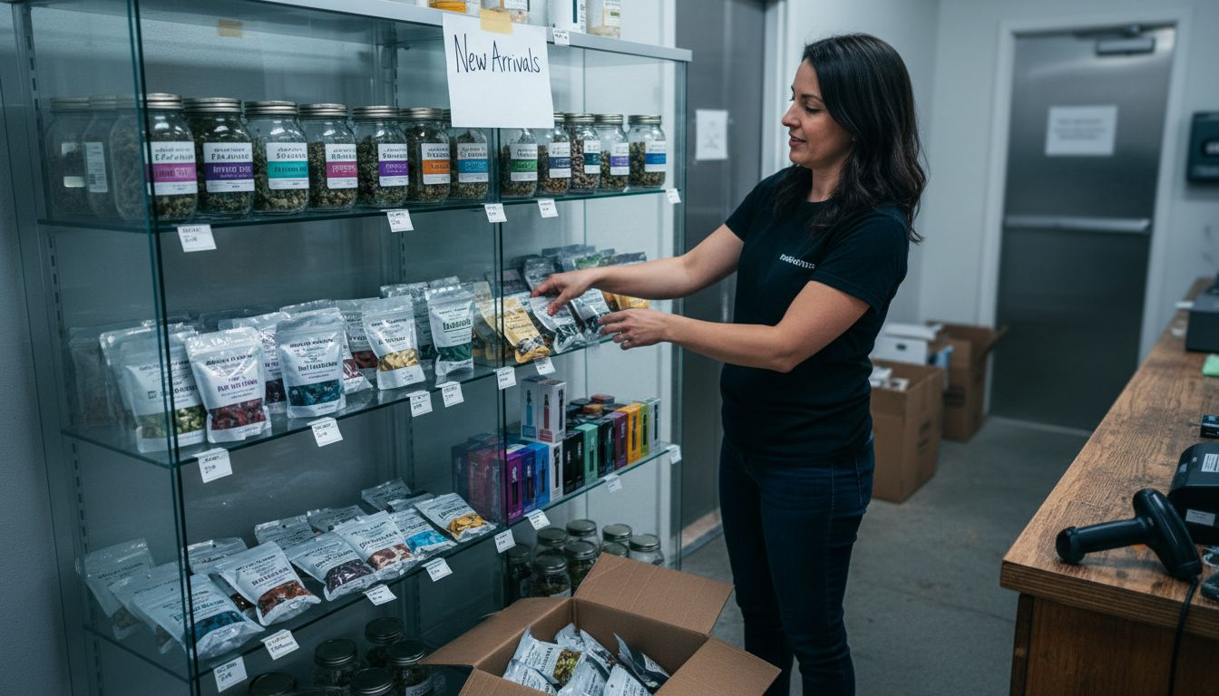 Dispensary staff organizing product shelves