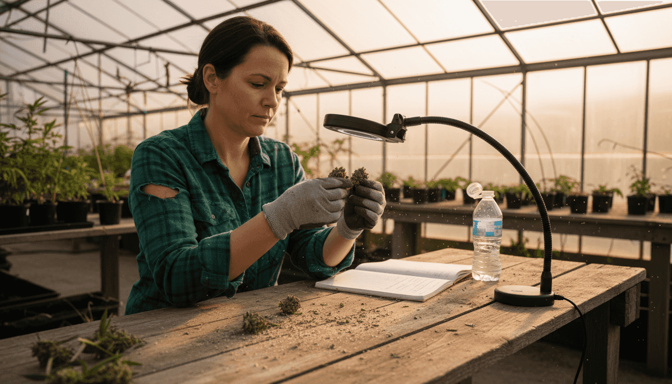 Grower examining cannabis bud structure