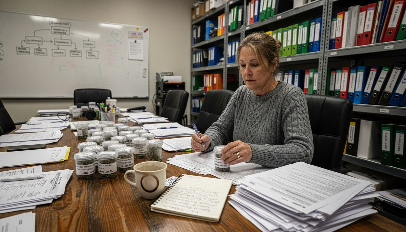 Woman verifying cannabis product compliance paperwork