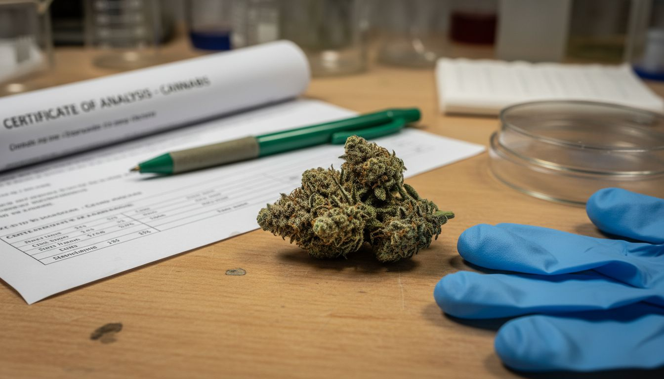 Cannabis flower and lab report on workbench