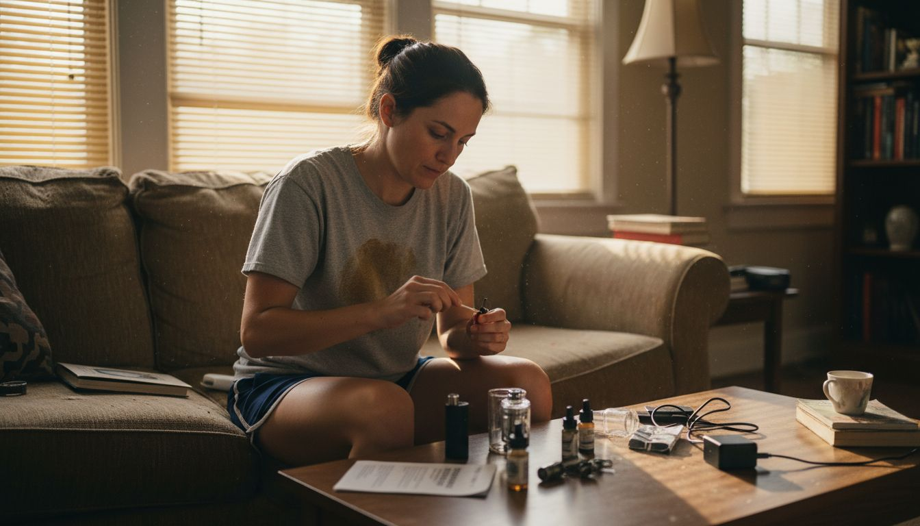 Woman cleaning vape battery contacts on sofa