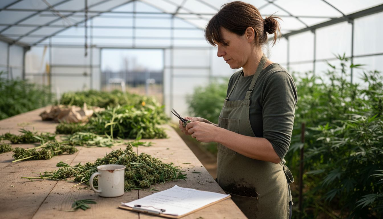 Grower hand-trims cannabis buds in greenhouse