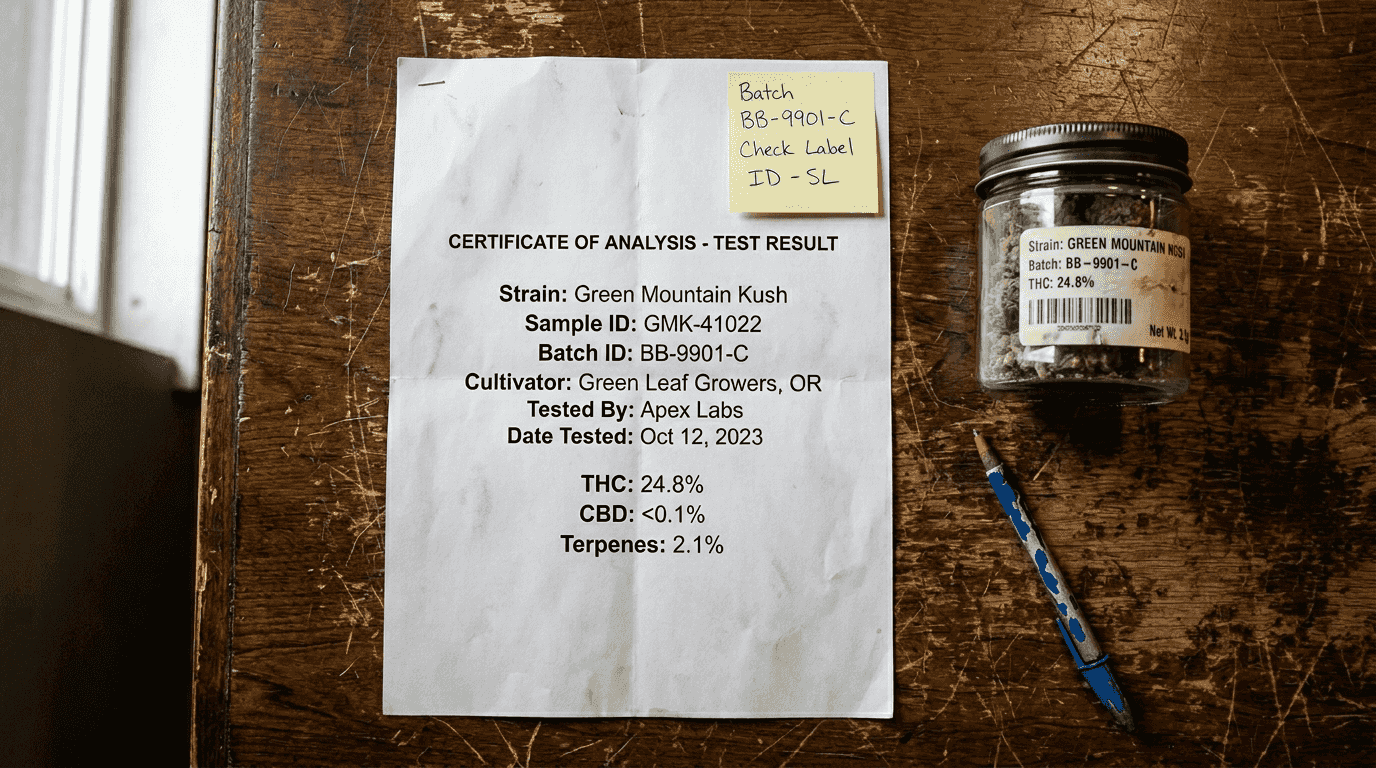 Certificate of Analysis resting on counter