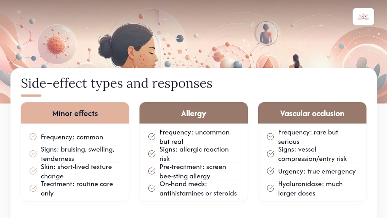 Side effects, allergic risk, and when hyaluronidase becomes an emergency tool — overview diagram
