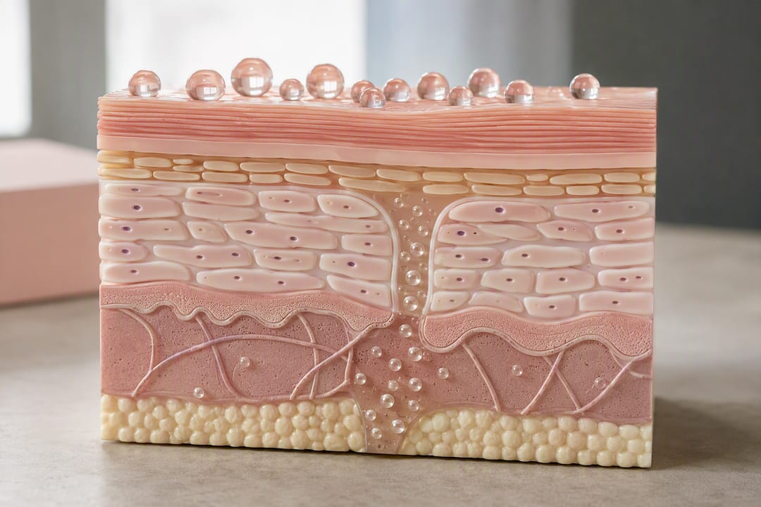 Illustration of active ingredients crossing skin barrier