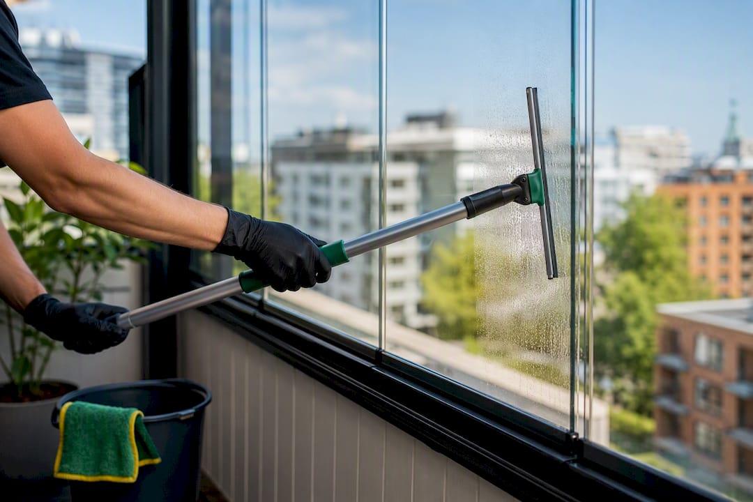 Säker fönsterputs av glas på inglasad balkong