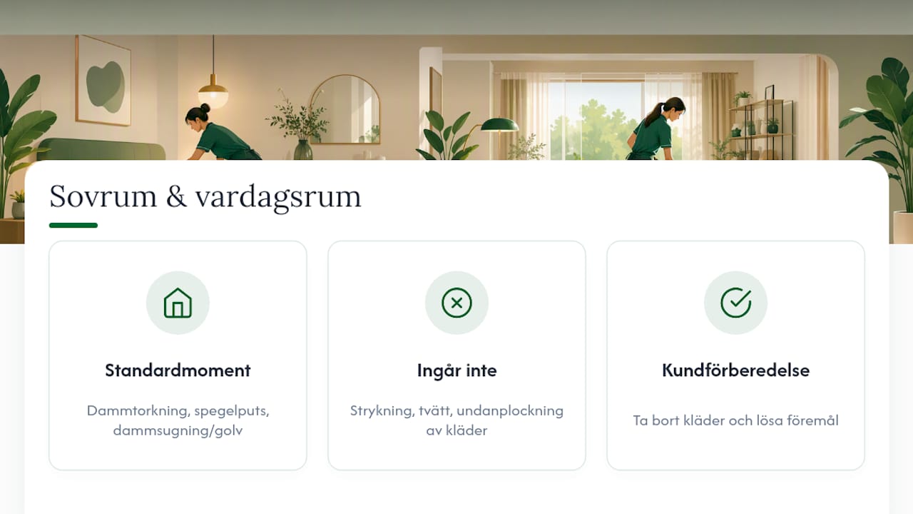 Översikt över vad som ingår i hemstädning och vad kunden förbereder