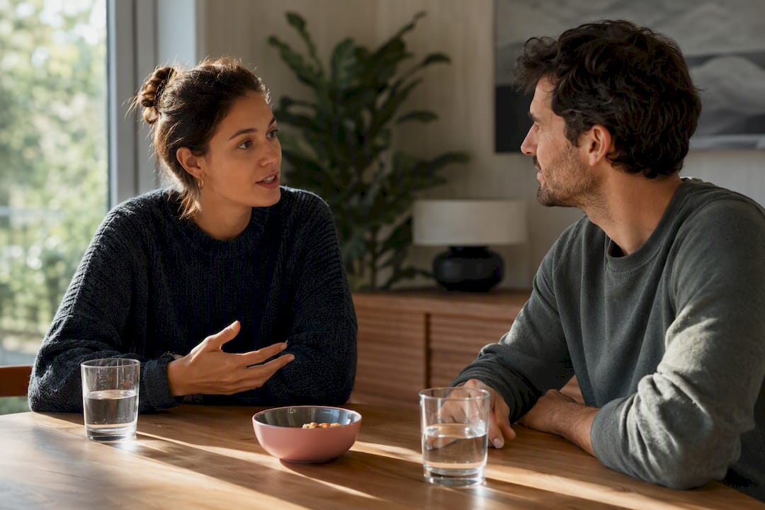 Two adults talking during a shared meal