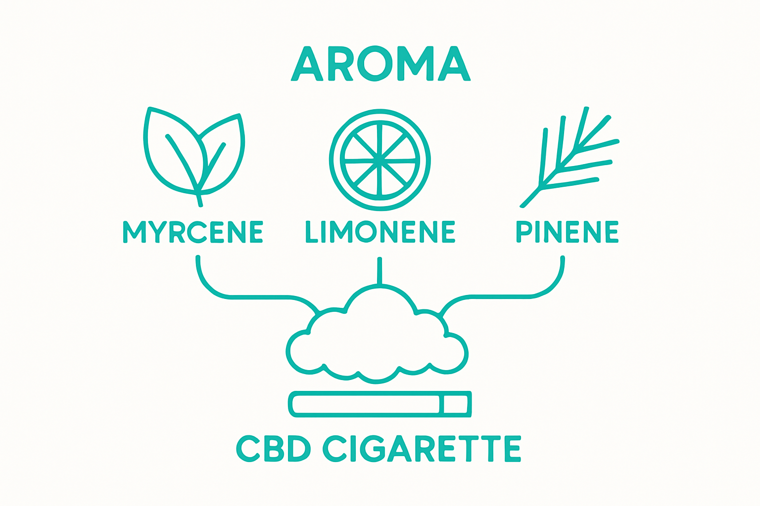 Infographic comparing myrcene, limonene, and pinene aromas in CBD cigarettes
