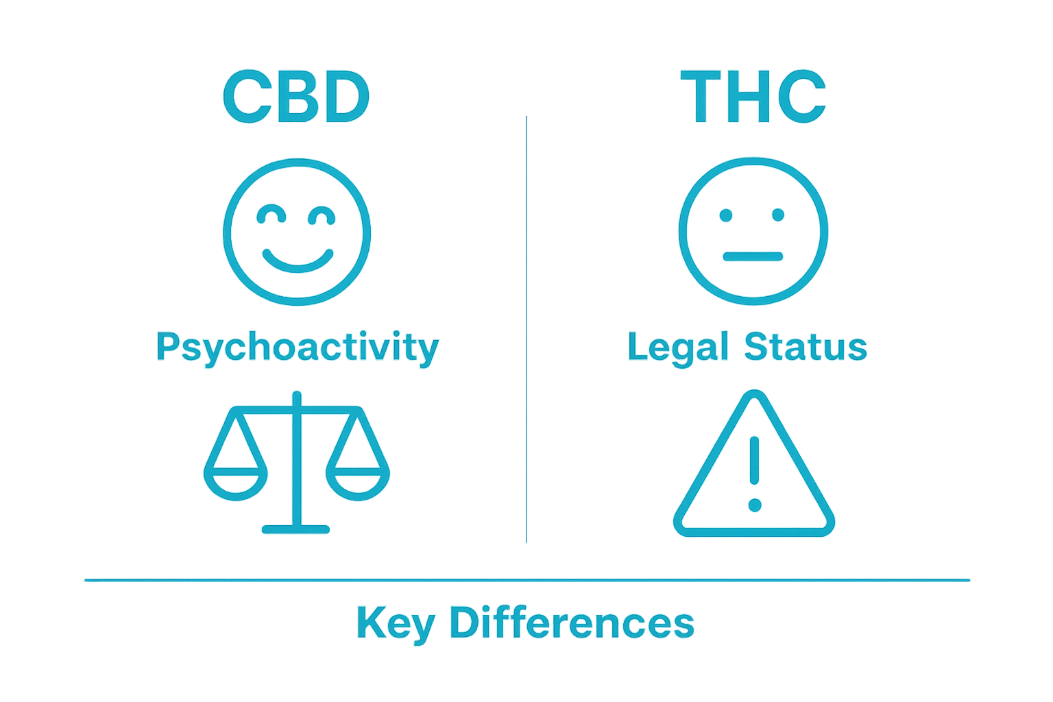 Visual comparison of CBD and THC highlighting psychoactivity and legality.