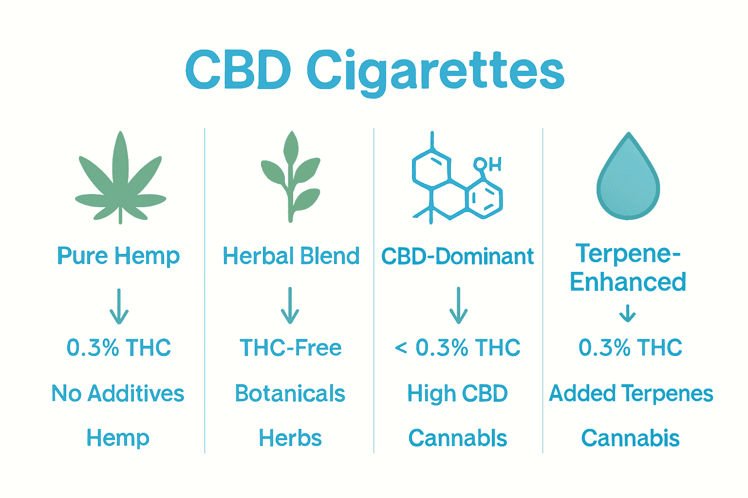 Comparison chart of four main types of CBD cigarettes with icons and features.