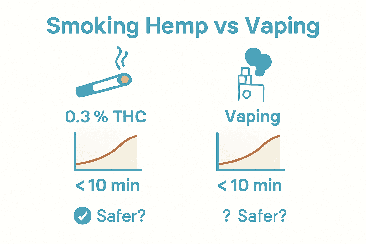 Infographic comparison between smoking hemp and vaping showing process, health impact, and legal status.