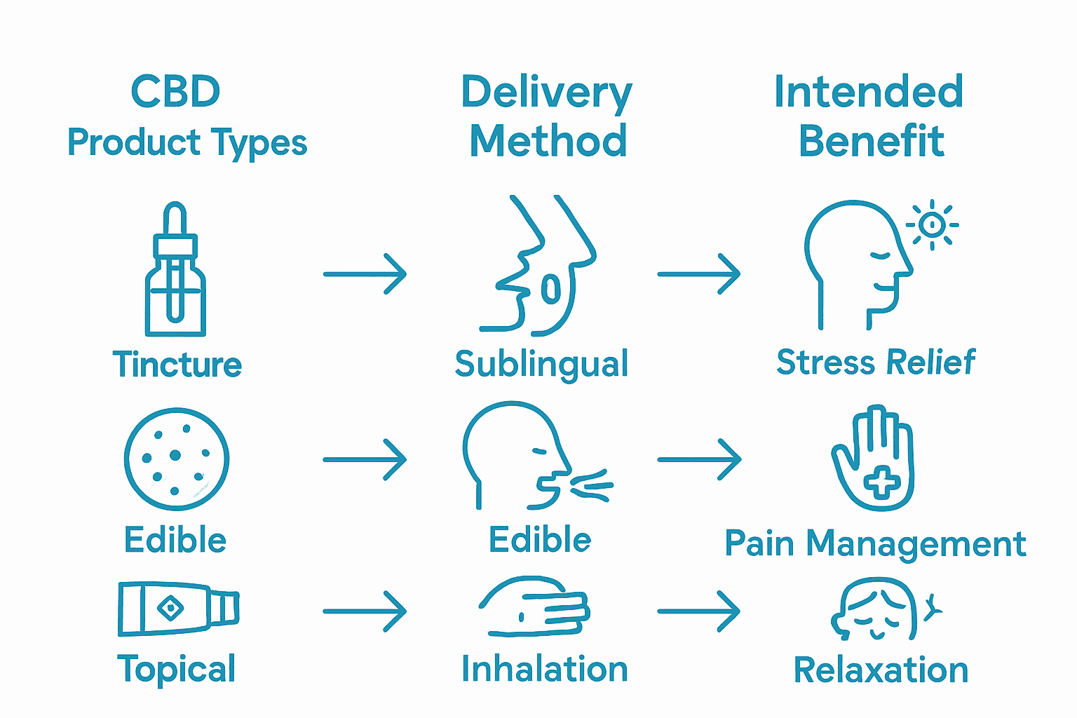 Infographic comparing CBD product types, delivery methods, and intended benefits.