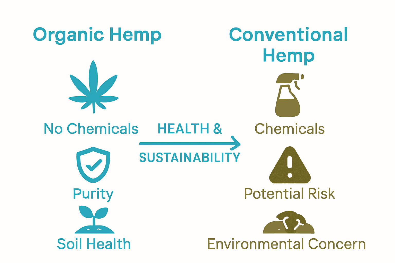 Infographic comparing organic and conventional hemp benefits and risks