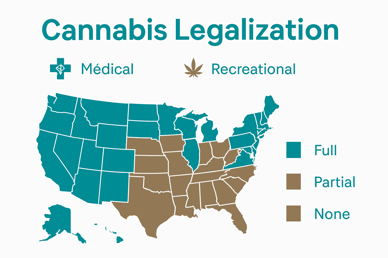 U.S. cannabis legal status infographic with colored map and icons