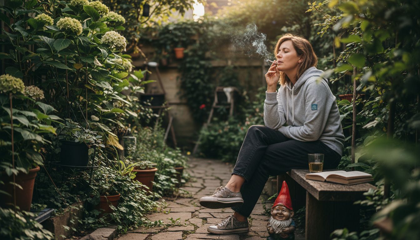 Woman relaxing with hemp cigarette outdoors