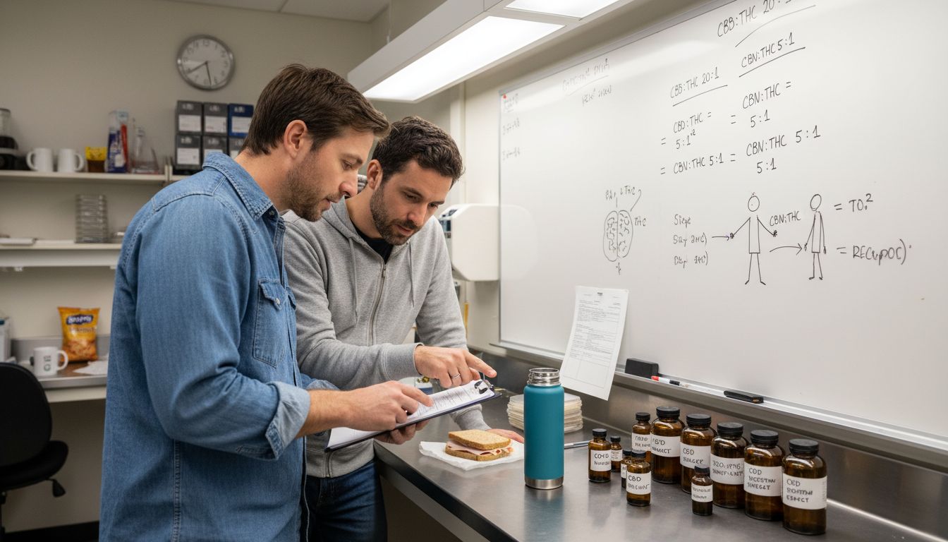 Scientists discussing cbd blends in lab breakroom