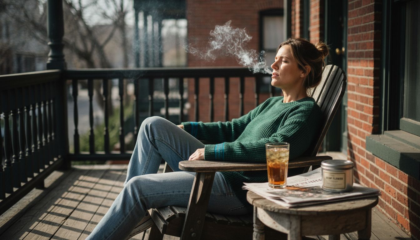 Woman relaxing on porch with hemp smoke