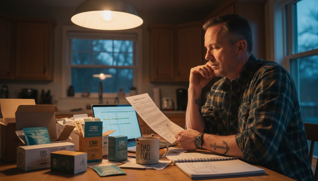 Man reviews CBD hemp product packaging