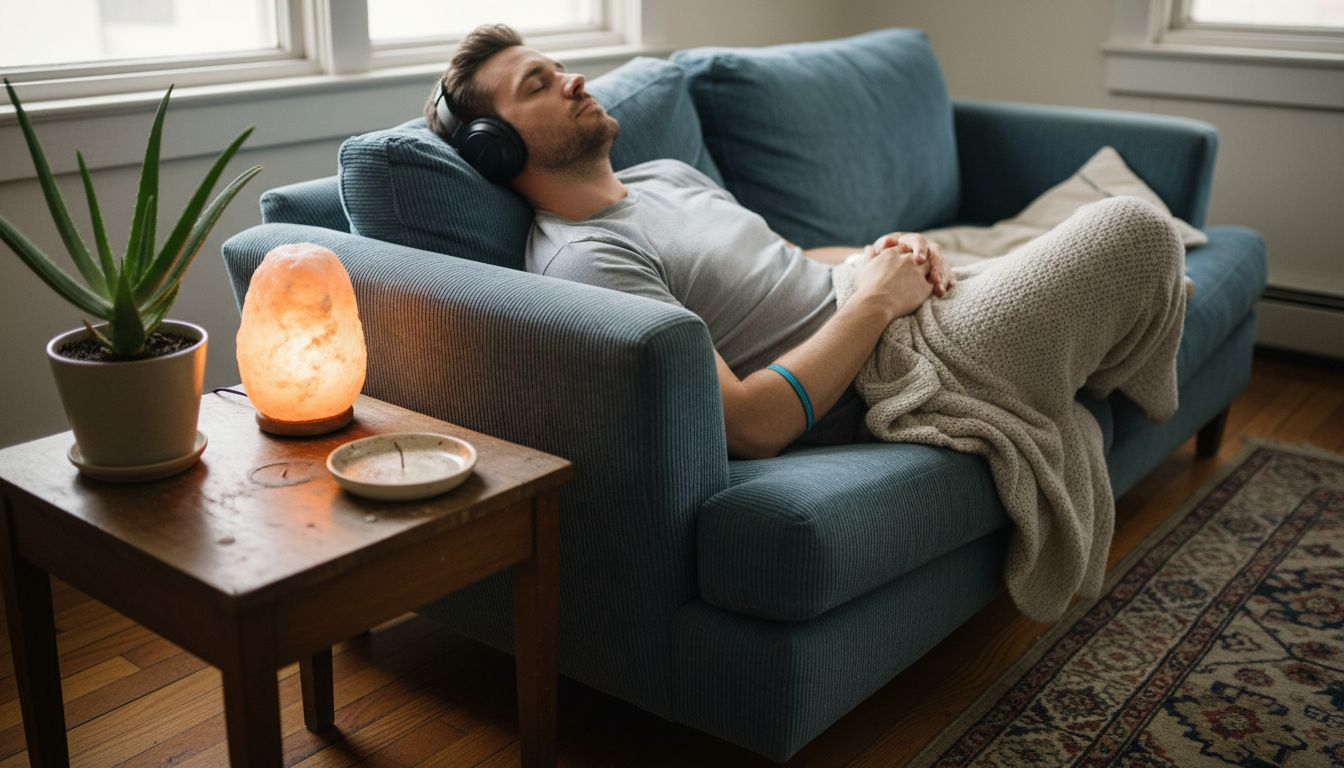 Man relaxing with CBD in cozy apartment
