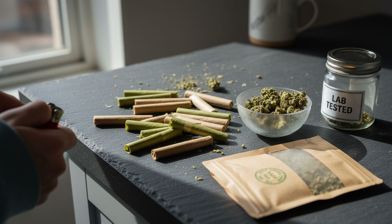 CBD pre-rolls and hemp on countertop