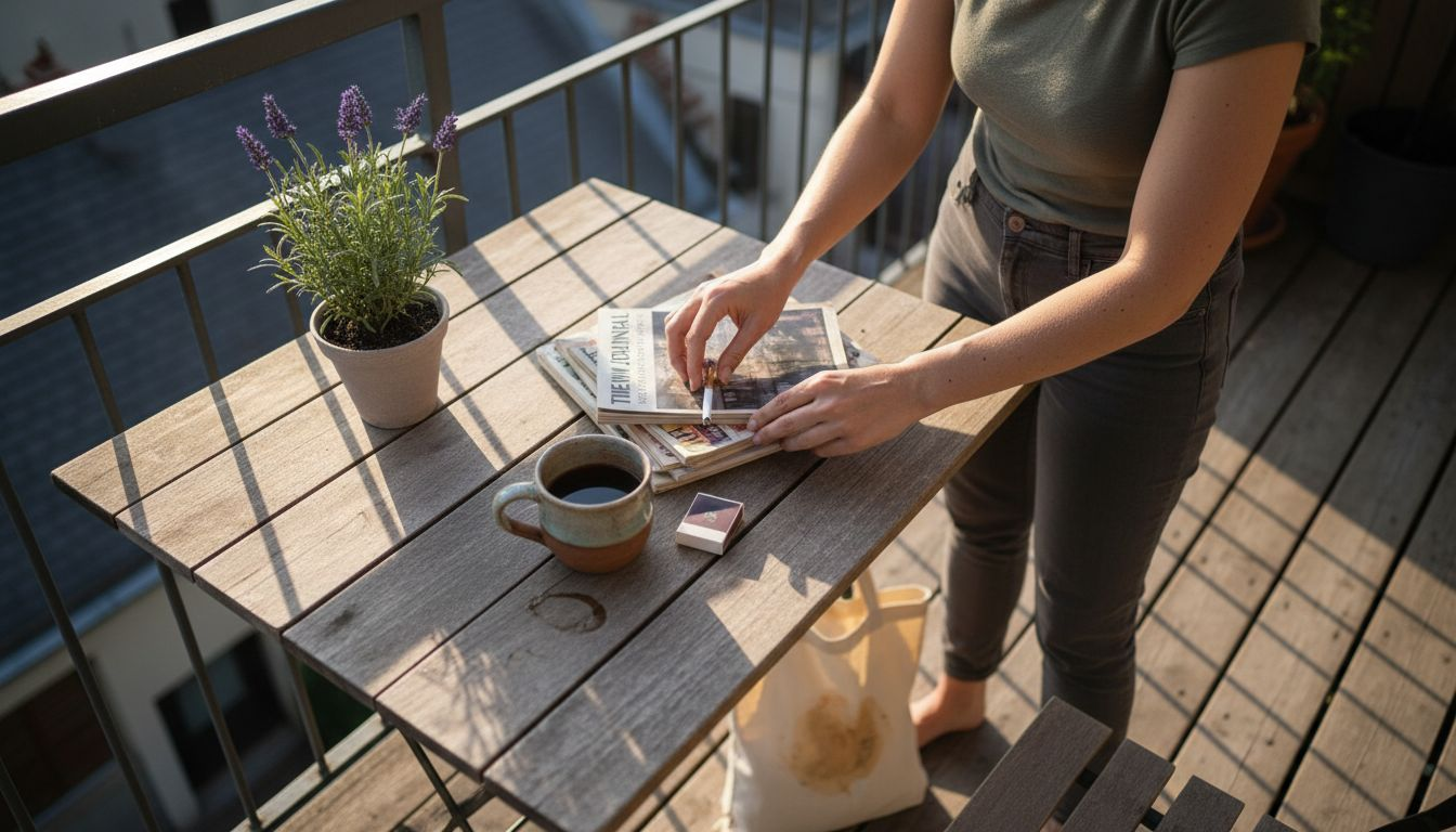 Woman prepares relaxed CBD smoking environment outdoors