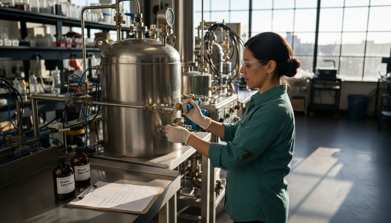 Scientist using extraction machine for CBD oil