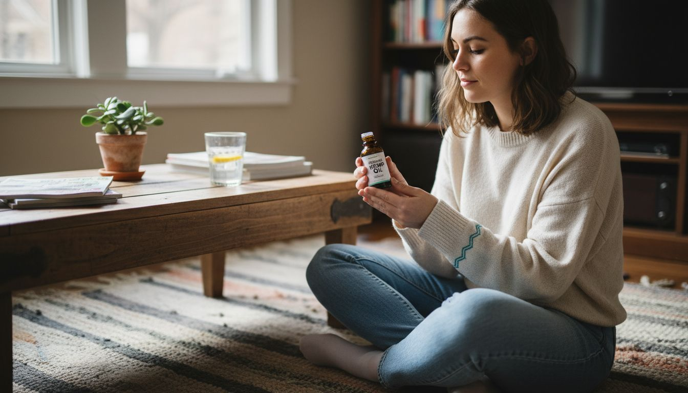 Woman examines organic hemp wellness product at home