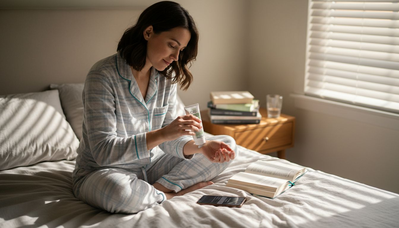 Woman using CBD cream in bedroom