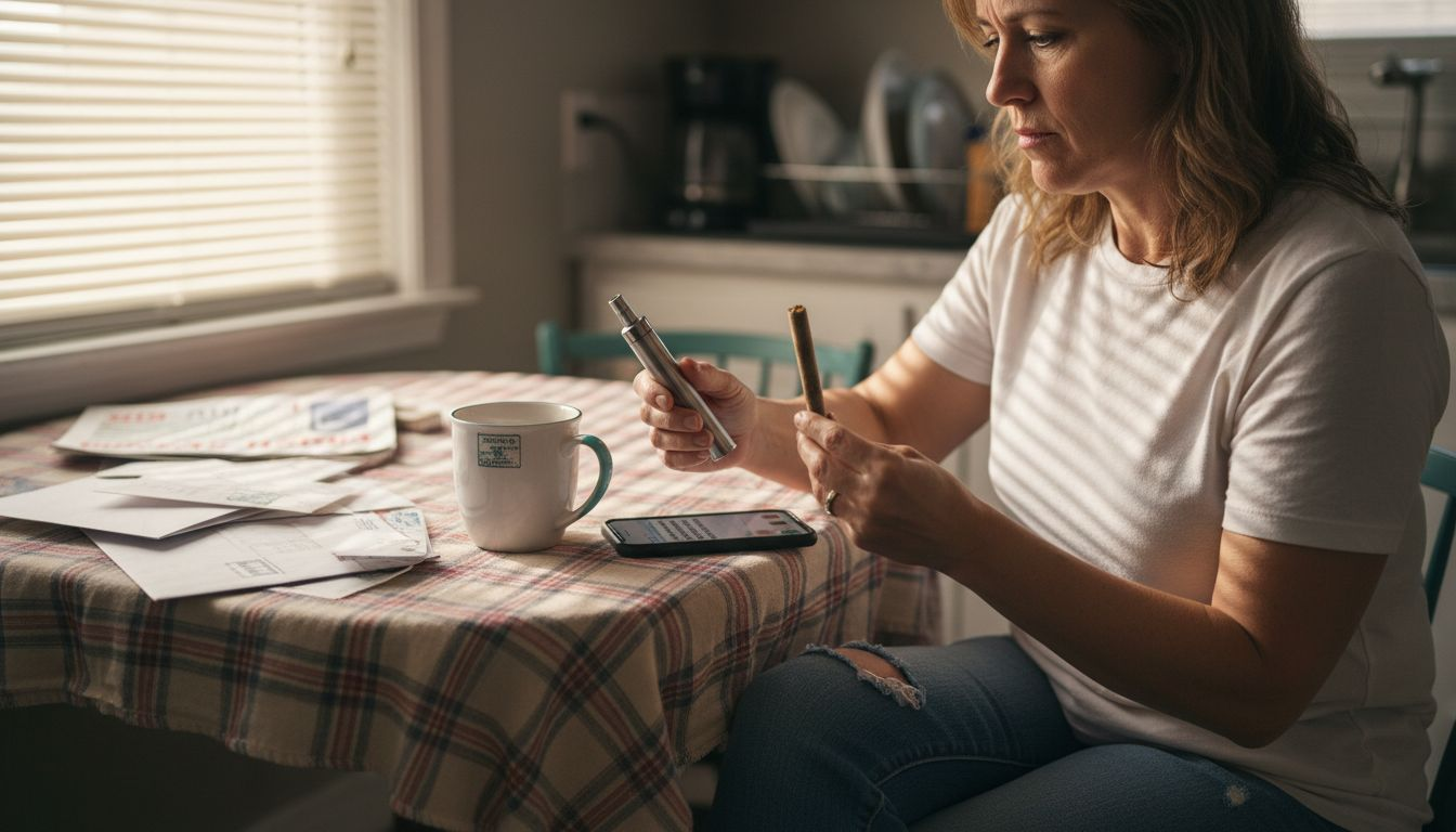Woman comparing cbd vape pen and hemp pre-roll
