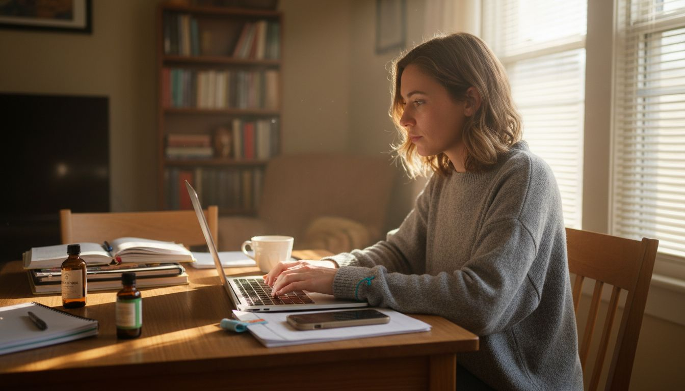 Relaxed woman working with CBD bottle on table