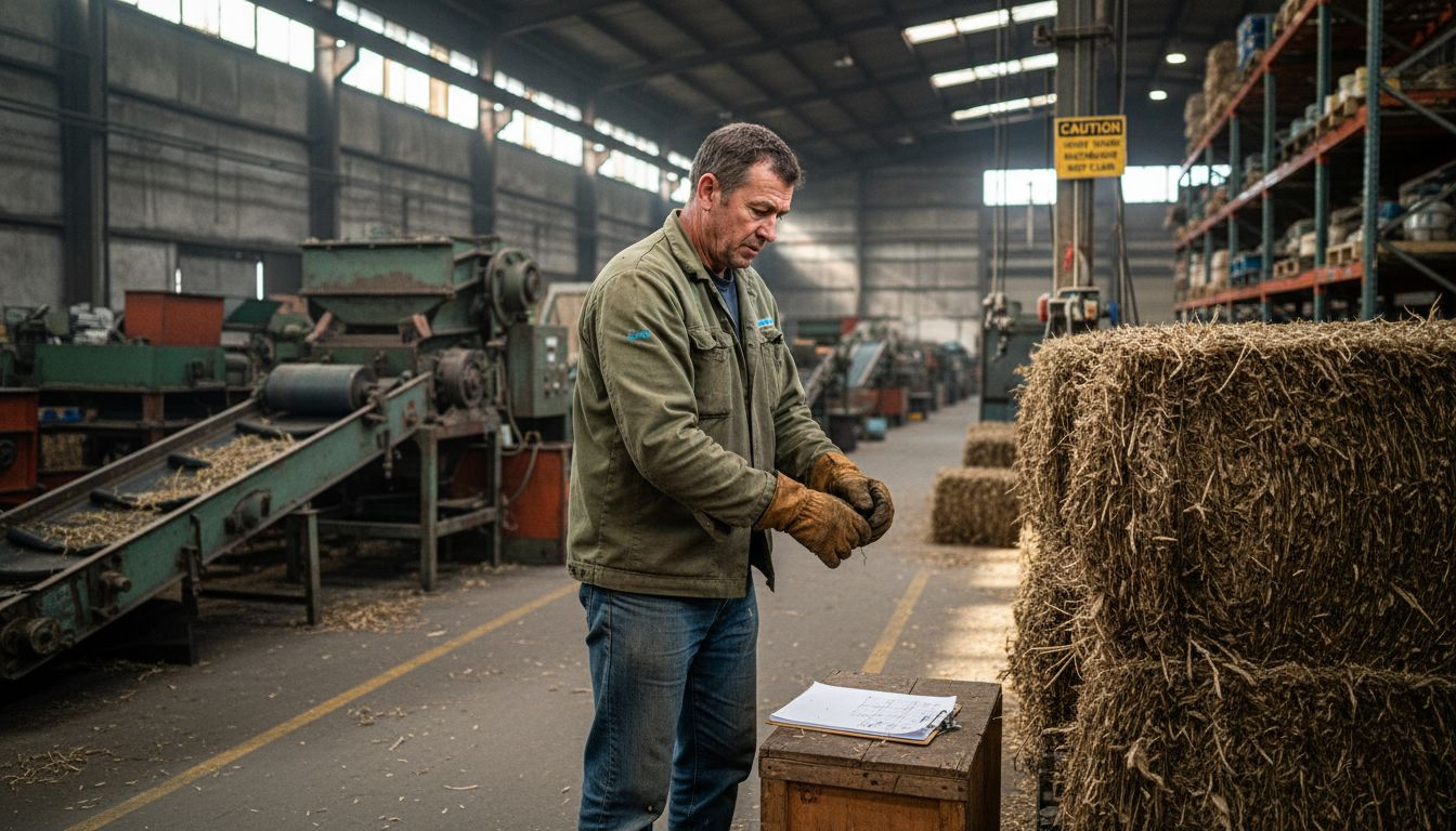 Industrial scene with hemp fiber and products