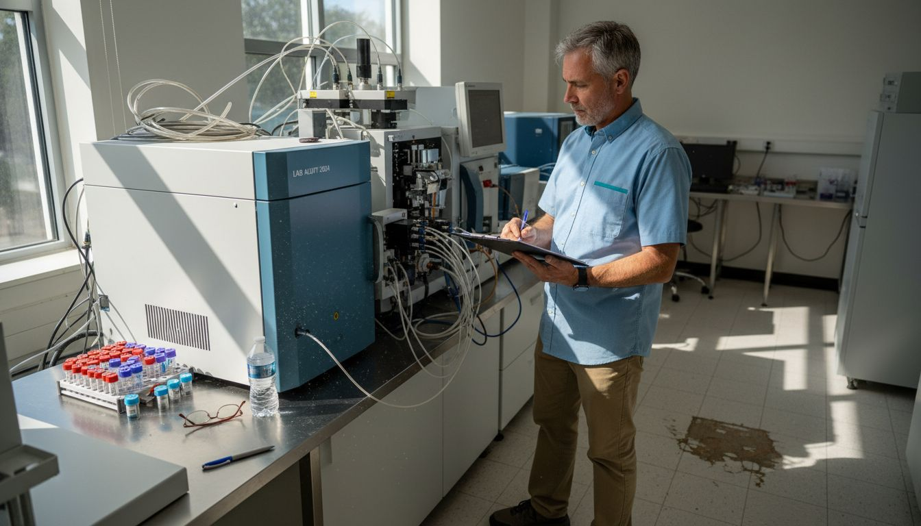 Lab auditor reviewing CBD testing machine