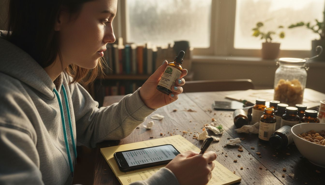 Women checking hemp label details at table