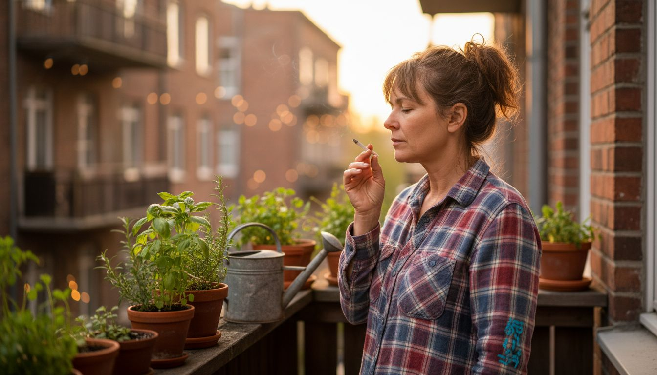 Woman smelling hemp cigarette on balcony