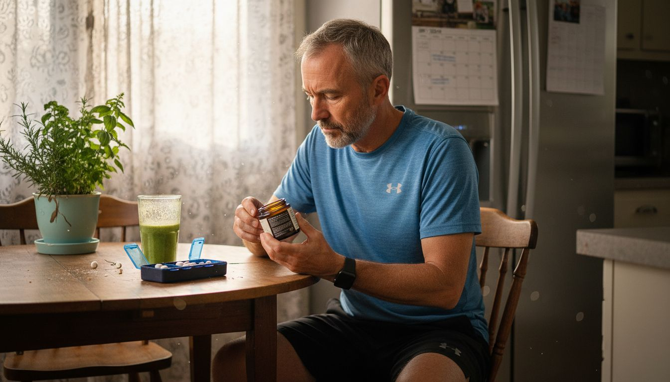 Man examining CBD cream in bright kitchen