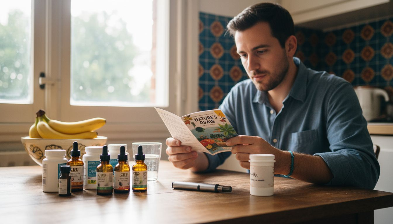 Man comparing multiple CBD product options