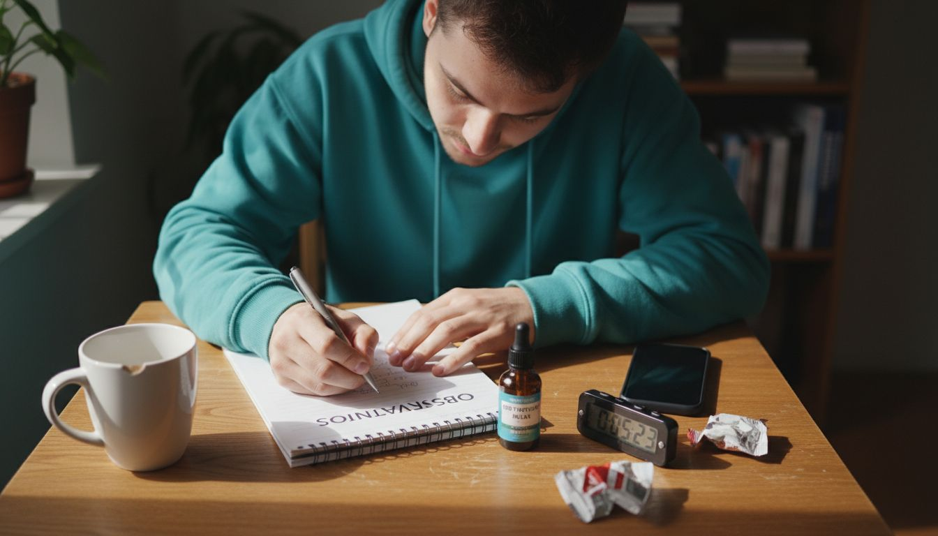 Man tracking CBD microdose in notebook