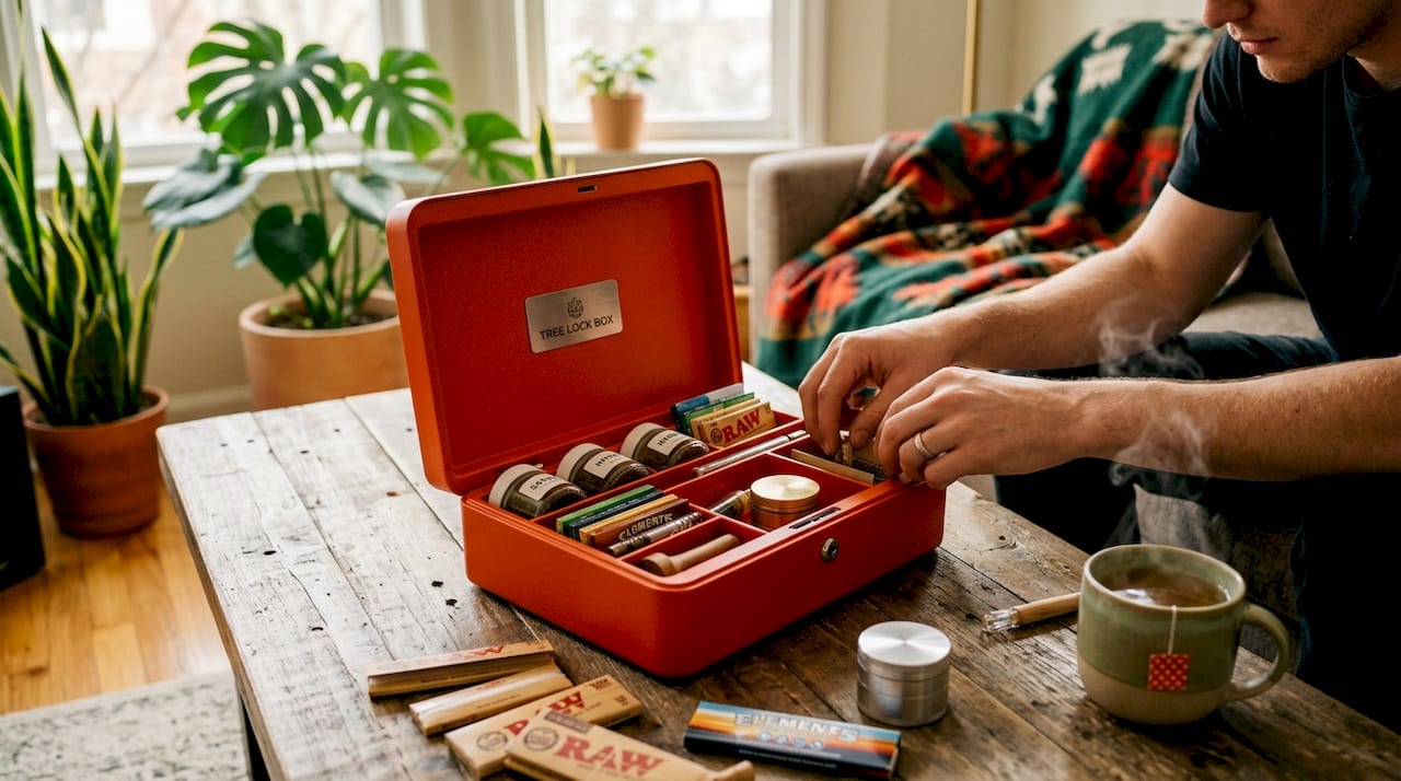 Person organizing cannabis stash box compartments