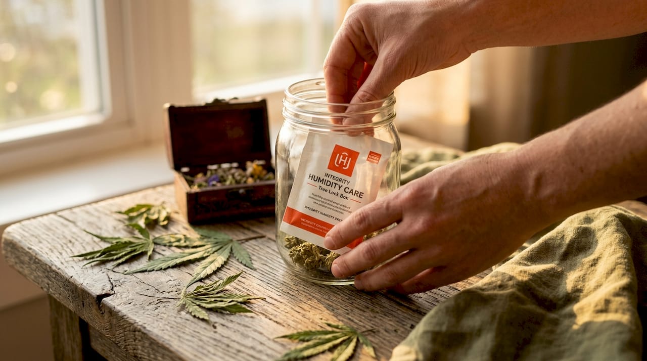 Hands placing humidity pack in jar