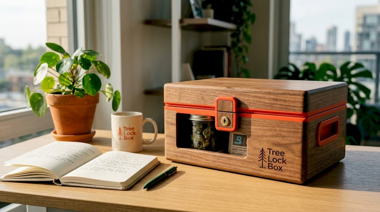 Open humidor cannabis box organized on desk