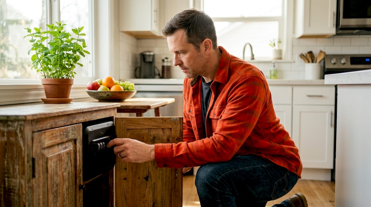 Man unlocking stash box inside home office setting